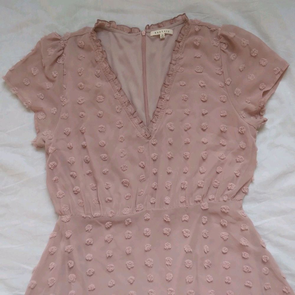 BaeVely Pink Swiss Dot V-neck Dress Cottagecore Coquette Fairy Womens Medium - Picture 5 of 12